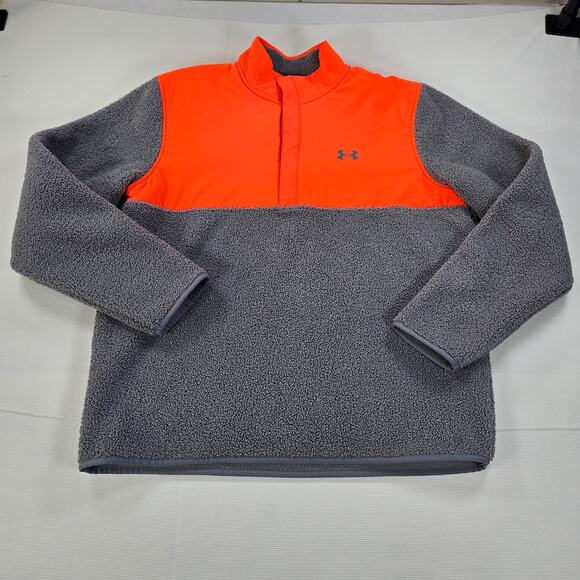 Under Armor 1/4 Button Up Sherpa Fleece Pullover Orange Gray Sweatshirt Size XL - Picture 1 of 7